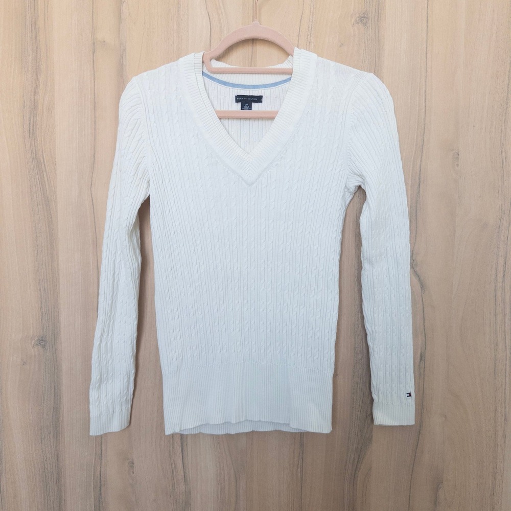 Tommy Hilfiger Womens Cable Knit Sweater Small White V-Neck Preppy Old Money